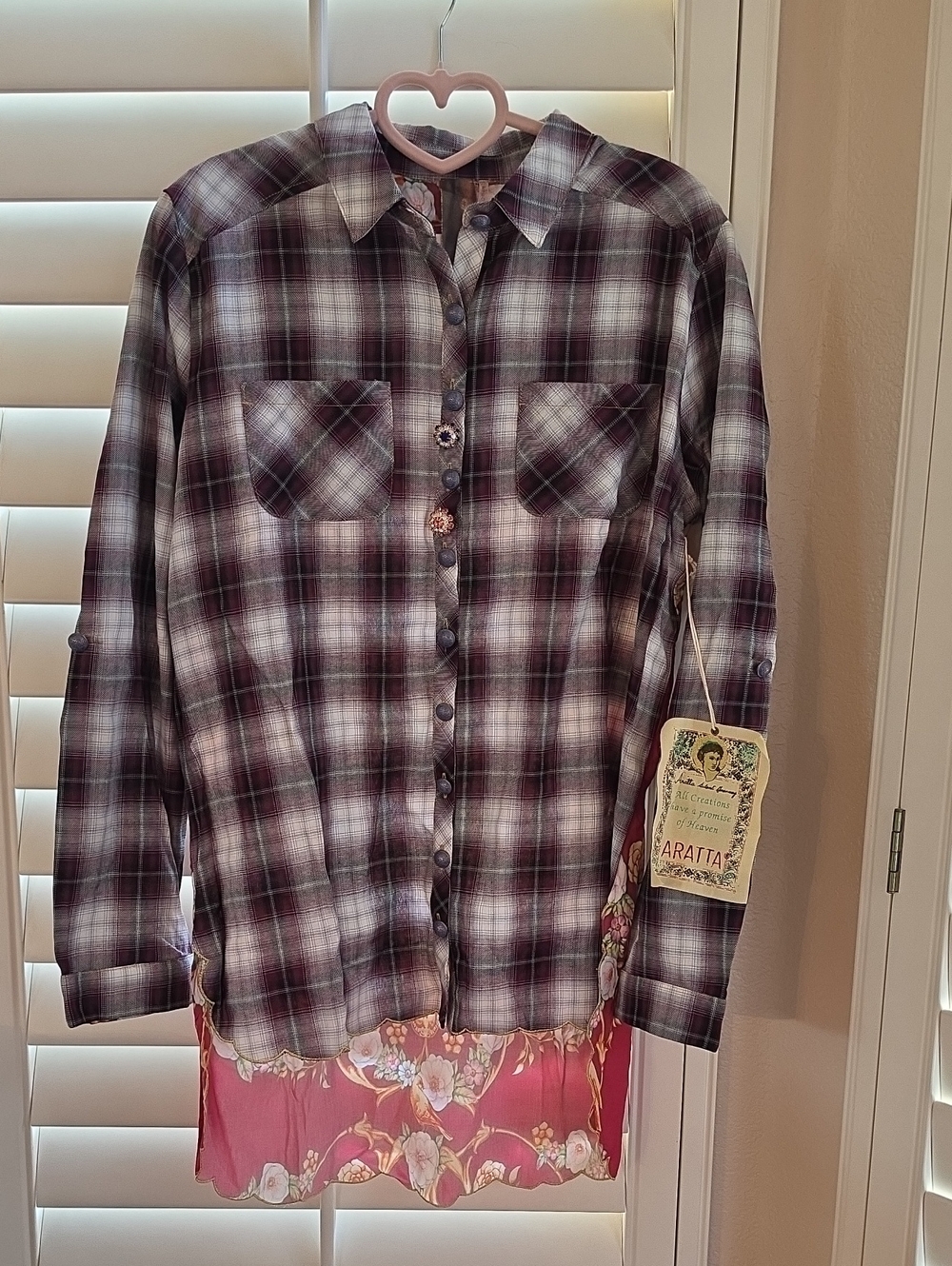 NWT Aratta Burgundy and White Plaid Button-Down Sequin Floral Shirt Medium
